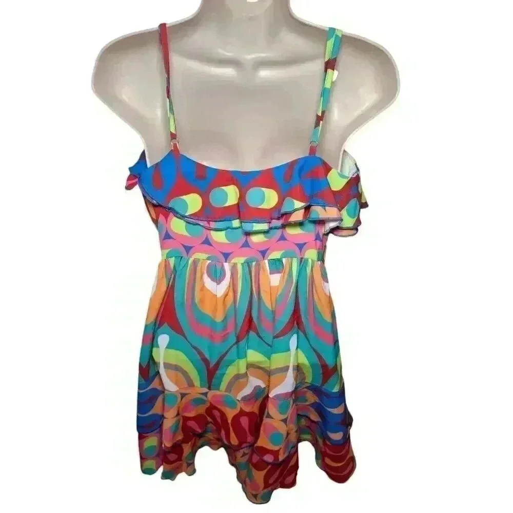 Vintage Psychedelic Ruffle Mini Dress Y2K Festival Rave Coachella S